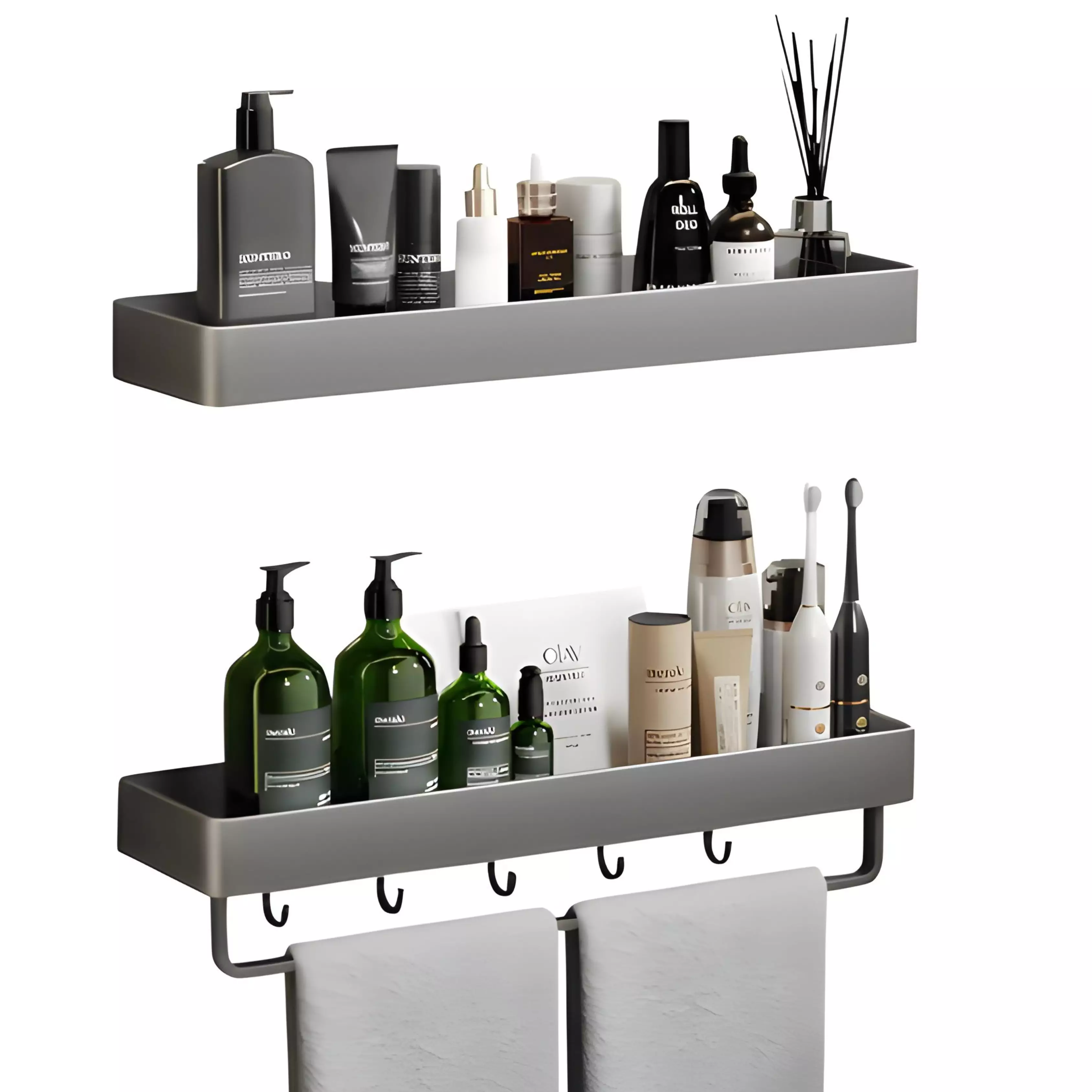 Kit Etagere Murale 2 Niveaux en Aluminium Noir Avec Porte Serviette