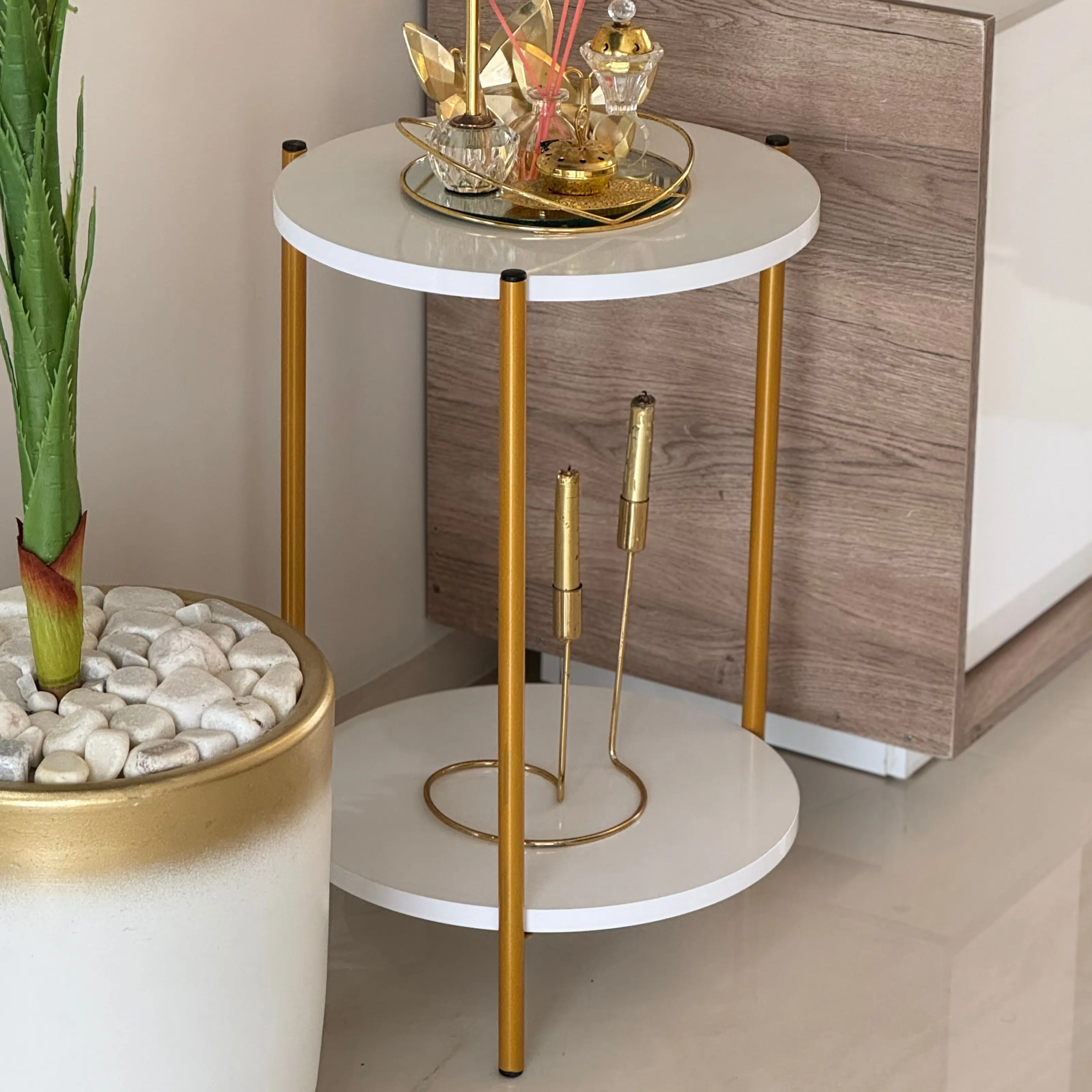 Table d’Appoint LINA – 2 Niveaux Blanc & Dore