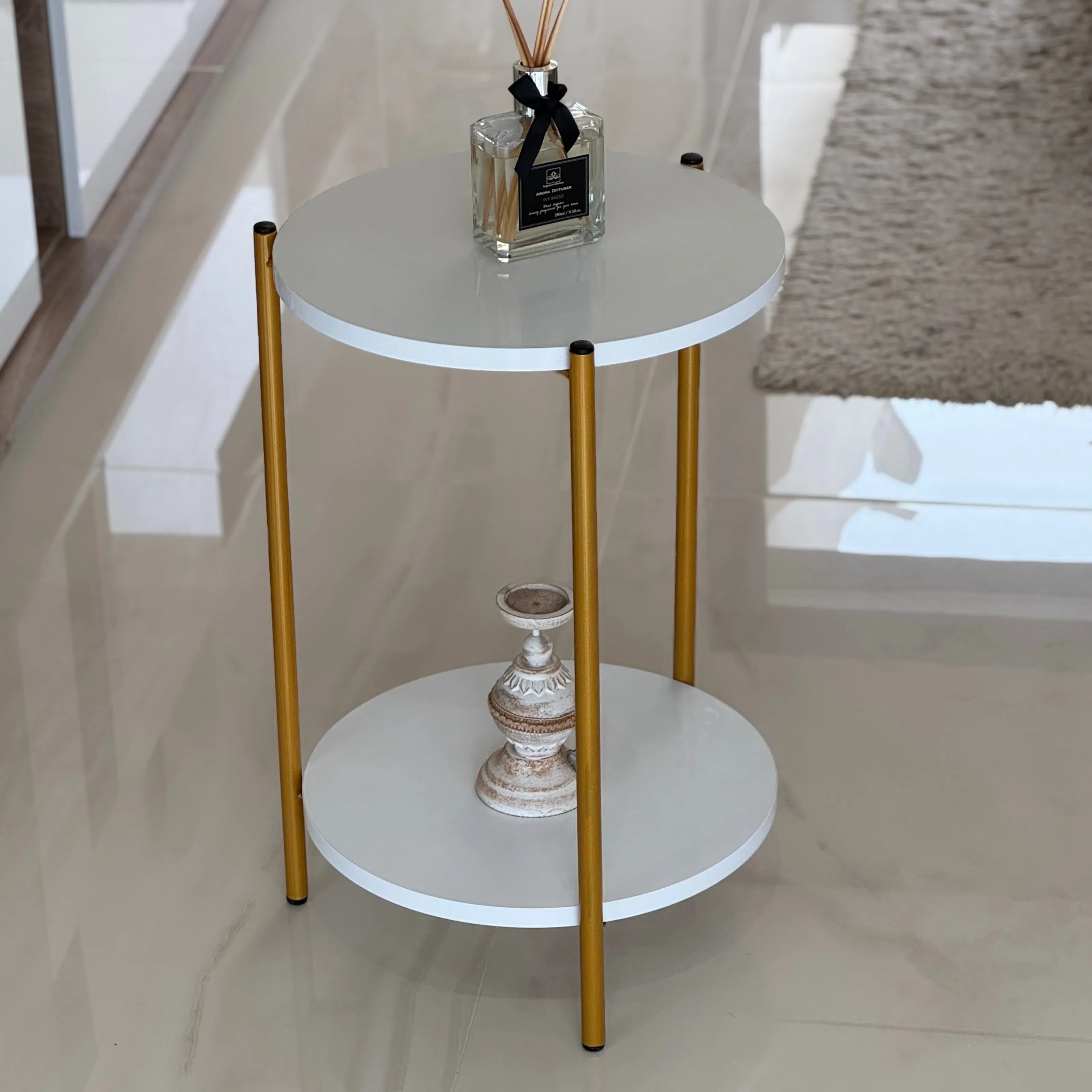 Table d’Appoint LINA – 2 Niveaux Blanc & Dore