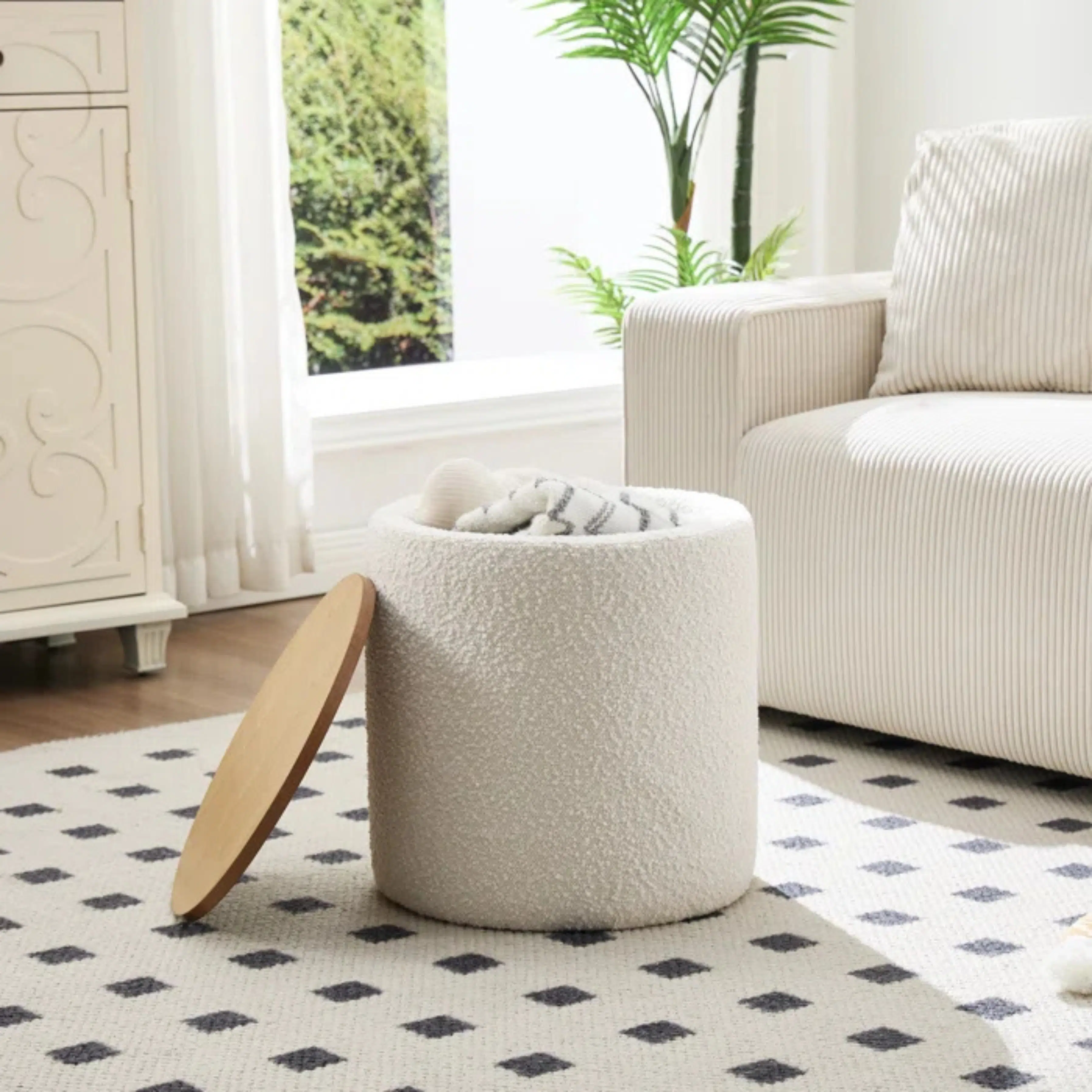 Pouf Boucle avec Rangement Beige & Marron 50x40cm