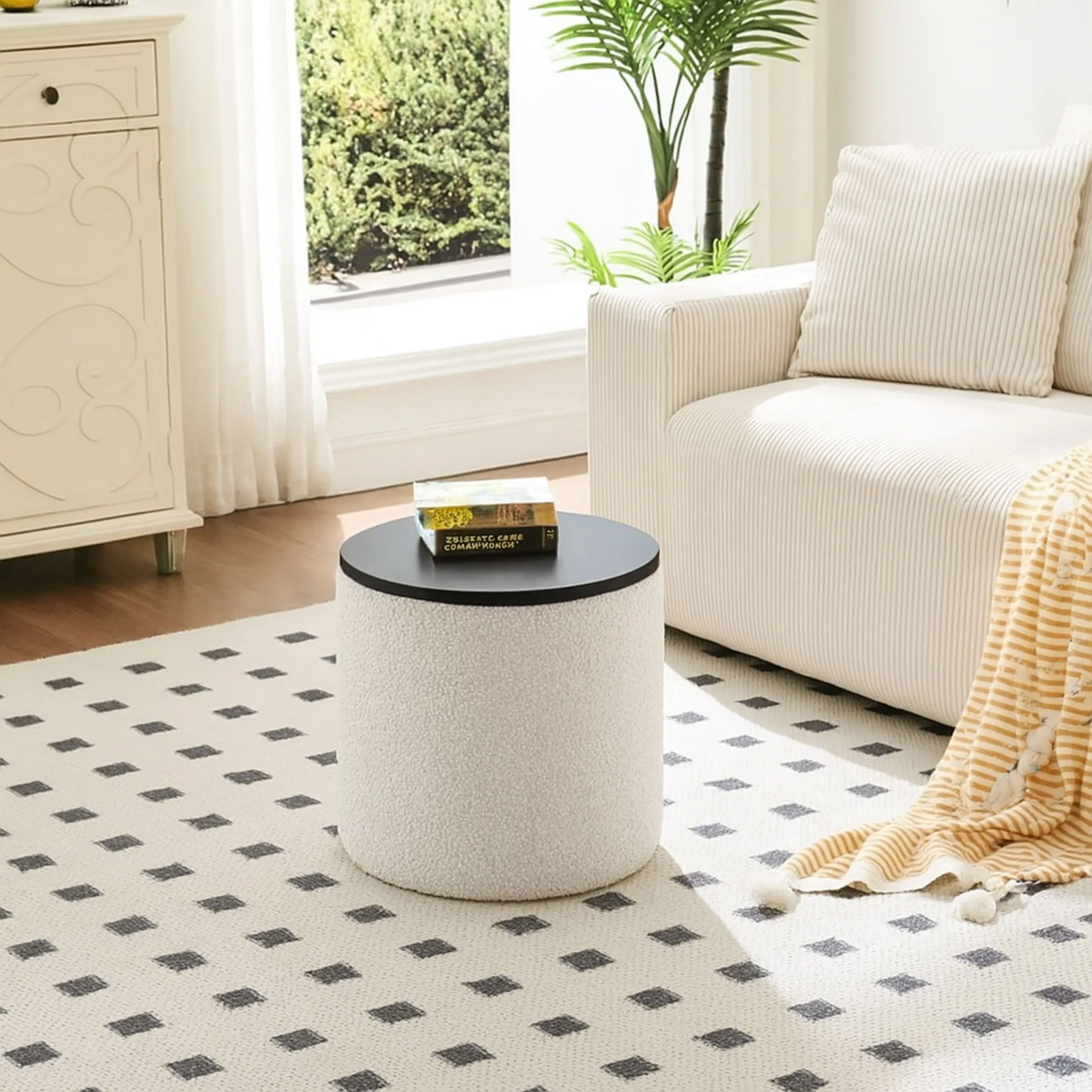 Pouf Boucle avec Rangement Beige & Noir 50x40cm