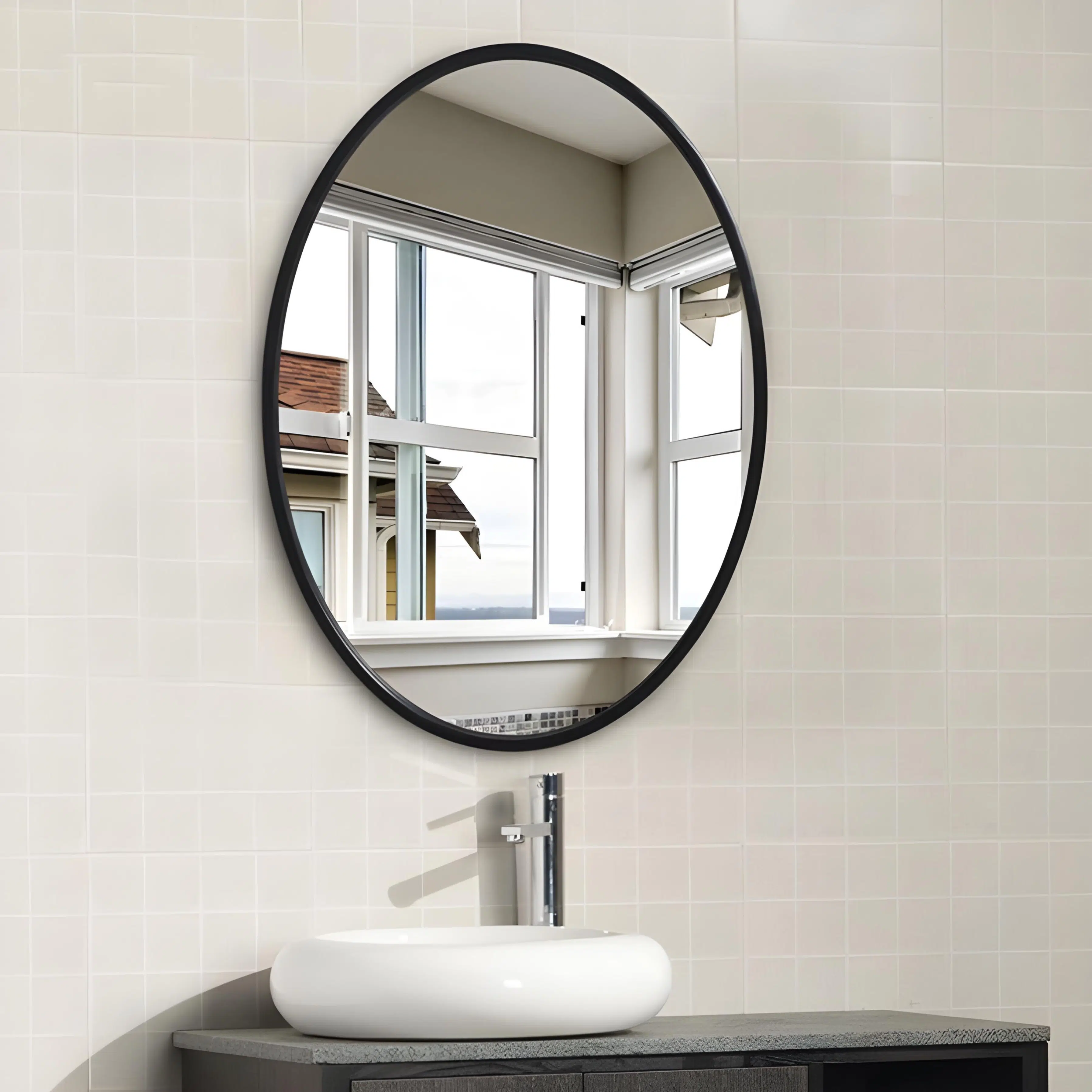 Miroir Ovale en Metal Noir – 80x60 cm