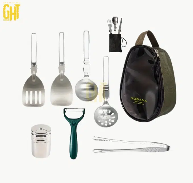 Set Ustensiles Cuisine Camping – 8 Pièces avec Sac Compact