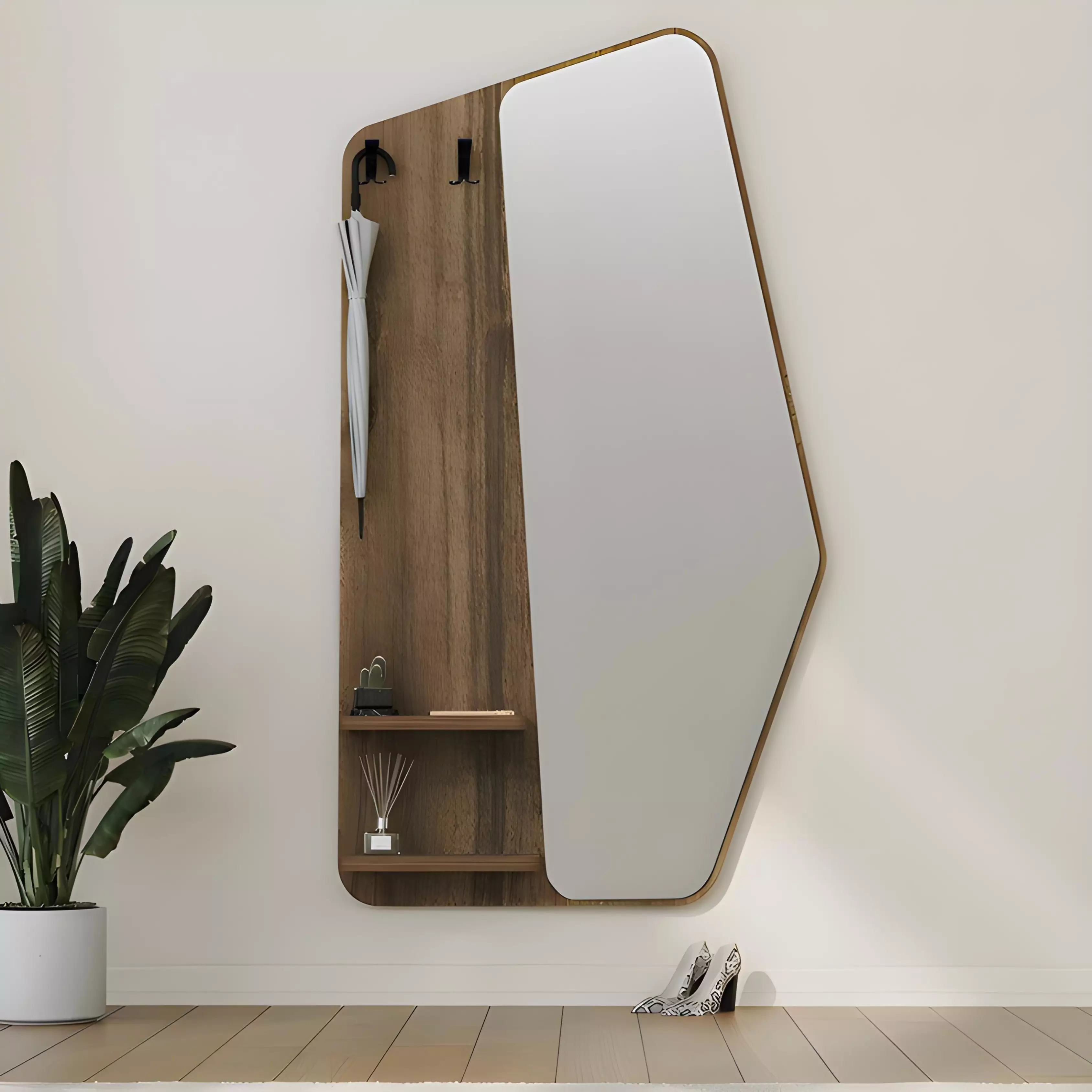 Miroir Mural Design avec Etageres et Porte-Manteaux – 120x75 cm