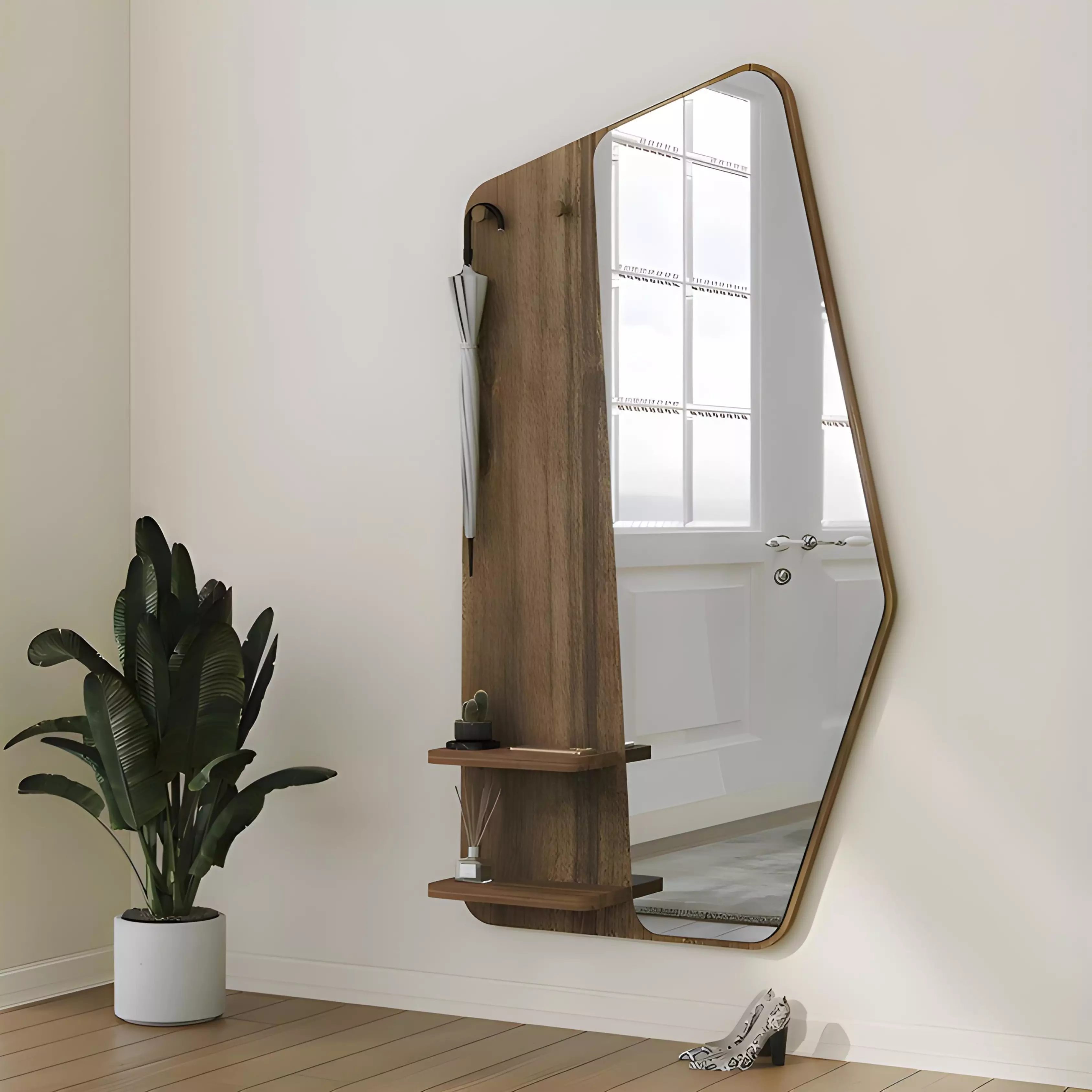 Miroir Mural Design avec Etageres et Porte-Manteaux – 120x75 cm