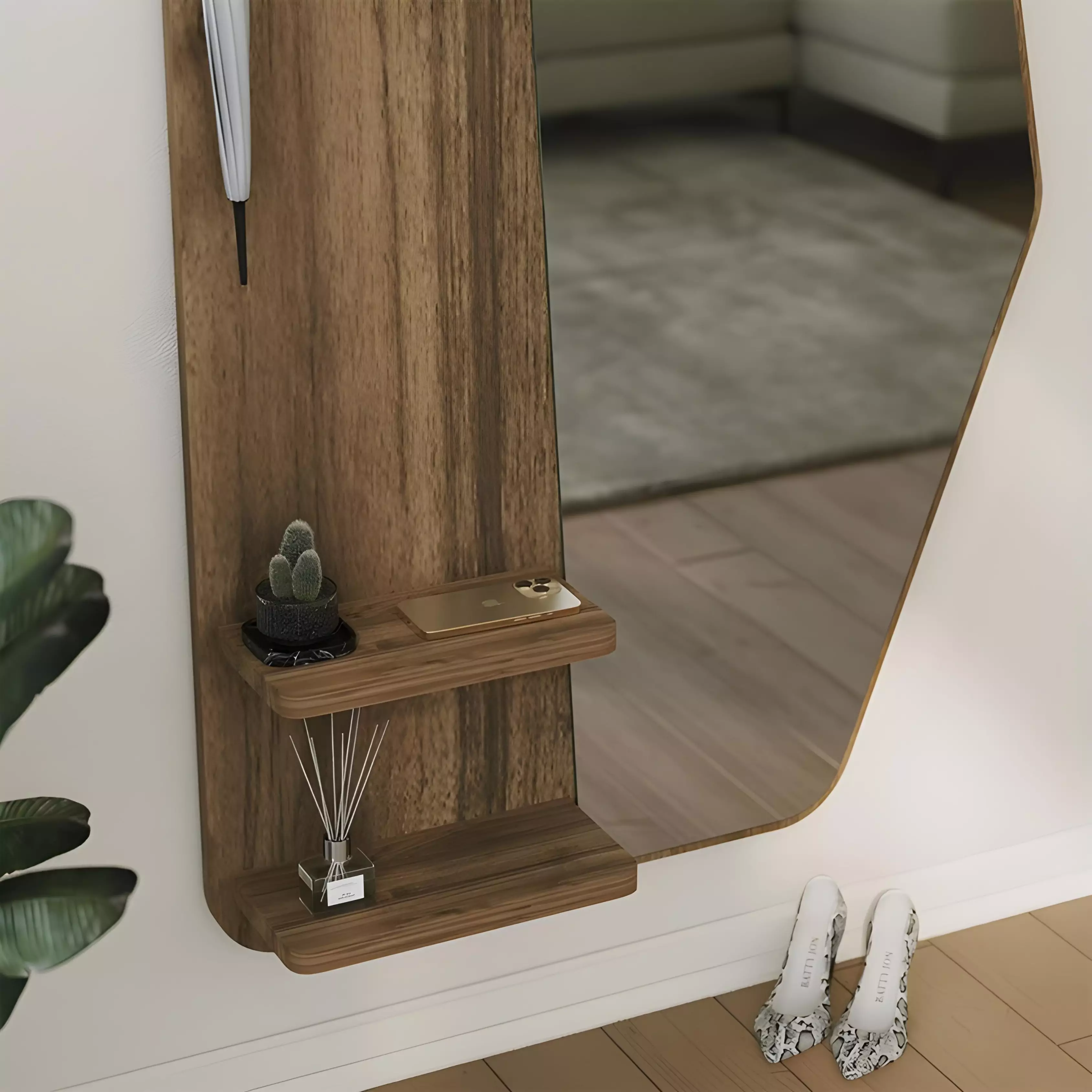 Miroir Mural Design avec Etageres et Porte-Manteaux – 120x75 cm