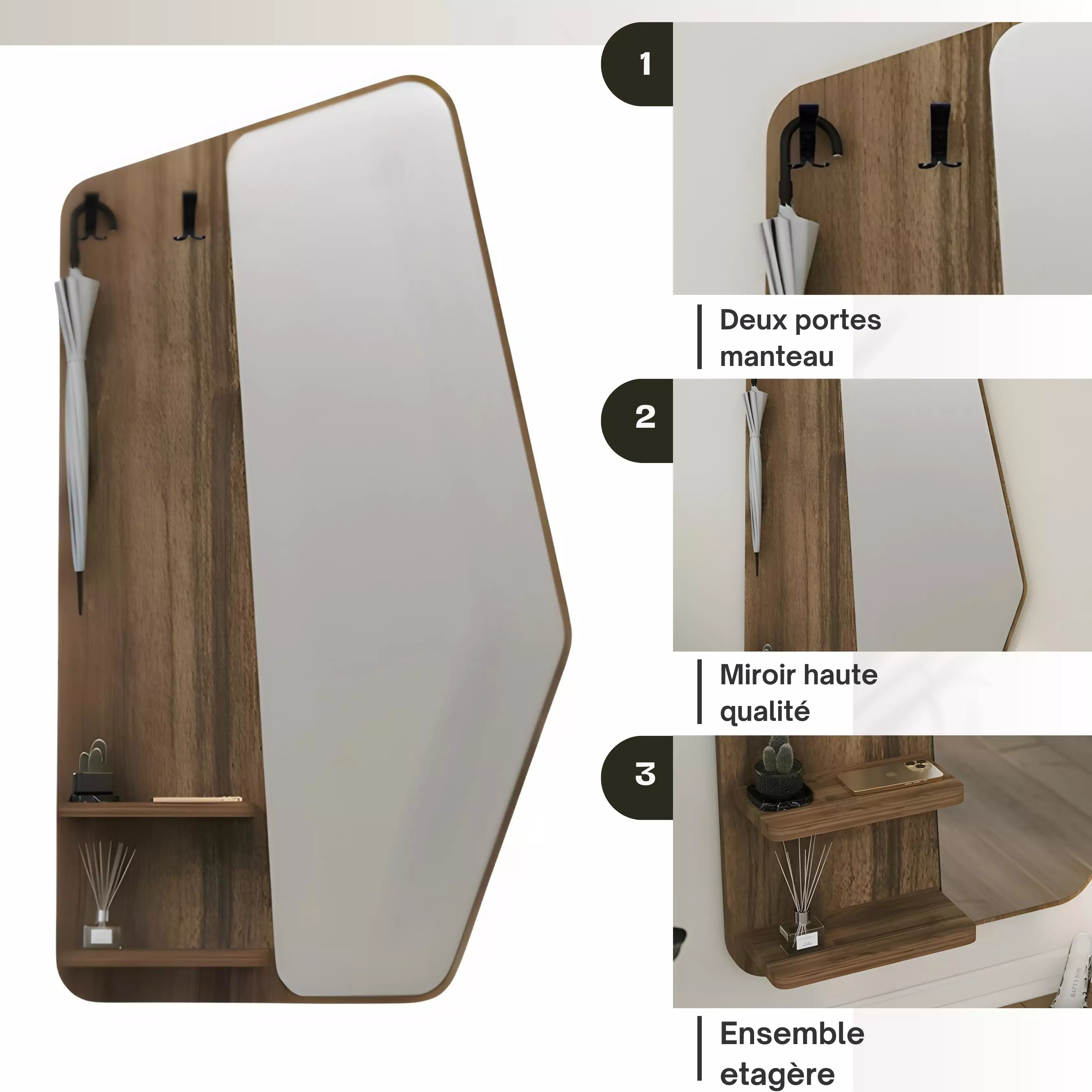 Miroir Mural Design avec Etageres et Porte-Manteaux – 120x75 cm