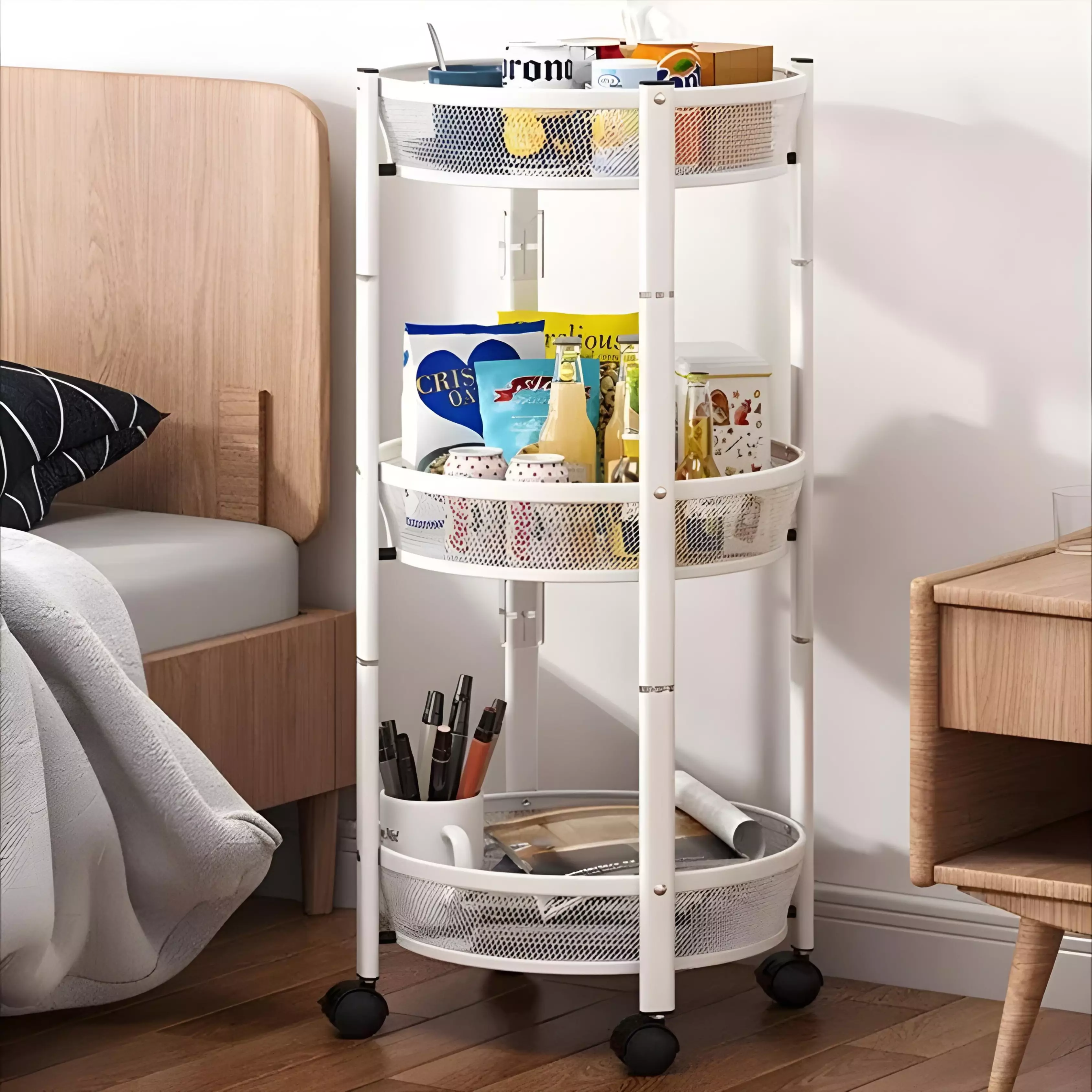 Chariot de Rangement à 3 Niveaux Blanc